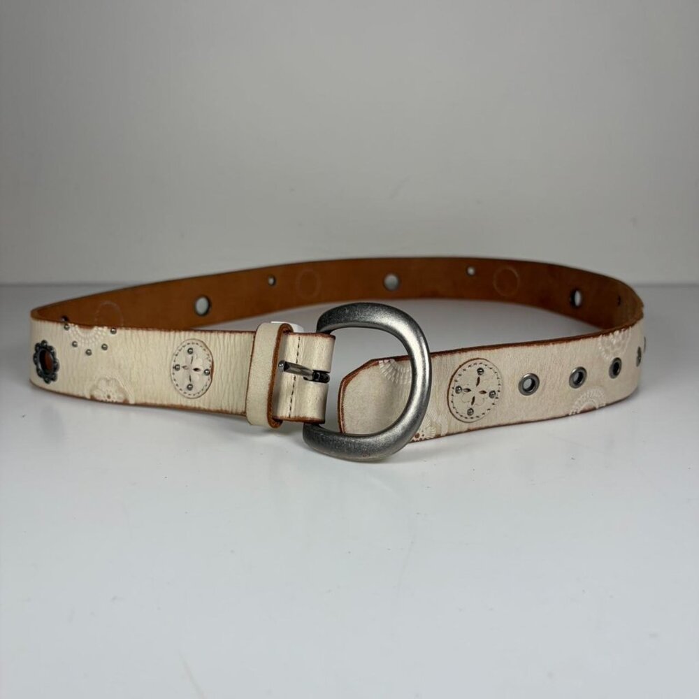 2000s Cream | Tan Floral + Circular Pattern Leather Belt